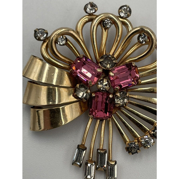 M&S 1/20 12K G.F Clear & Pink Rhinestone VTG 1950s Prong Set Brooch Pendant - Picture 3 of 9